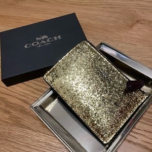NEW Coach Wallet Womens Small Gold Mini ID Glitter Leather Zip Keyring